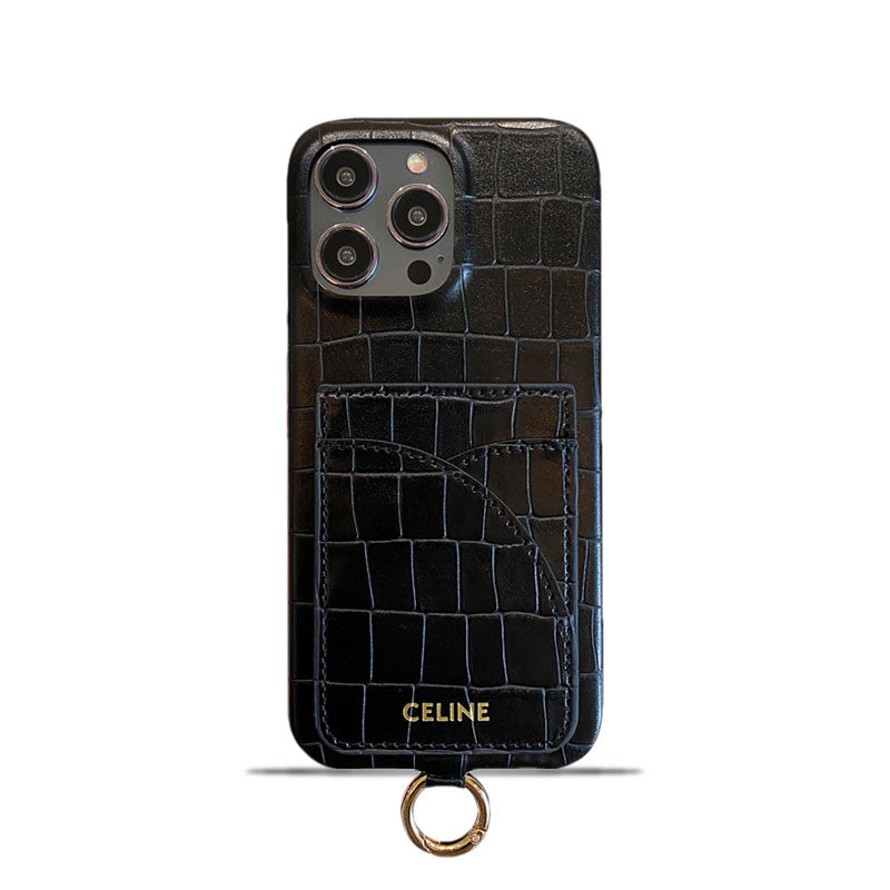 Alligator Print Celine iPhone Case With Card Holder And Strap Blcak -EYP241415 mysite