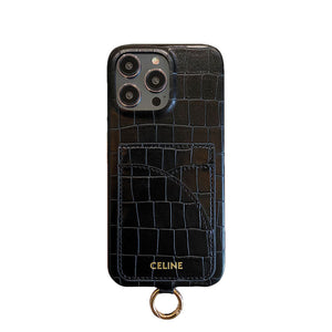 Alligator Print Celine iPhone Case With Card Holder And Strap Brown -EYP241415 - Bestocase