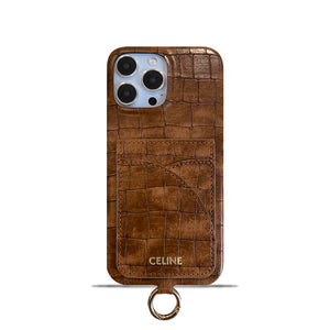 Alligator Print Celine iPhone Case With Card Holder And Strap Brown -EYP241415 - Bestocase