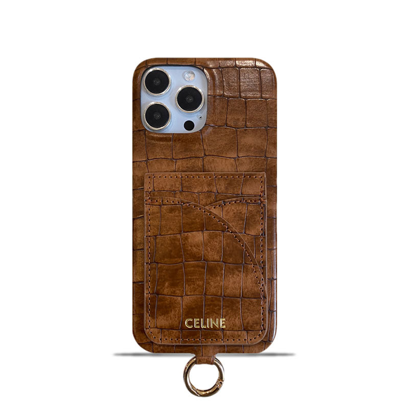 Alligator Print Celine iPhone Case With Card Holder And Strap Brown -EYP241415 - Bestocase