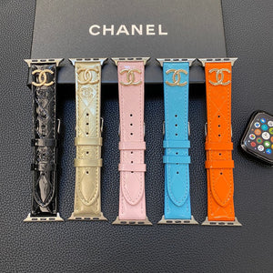 Glossy Leather Apple Watch Strap Luxury Metal Logo - Bestocase