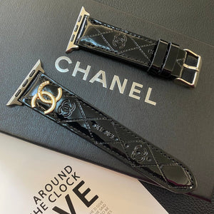 Glossy Leather Apple Watch Strap Luxury Metal Logo - Bestocase