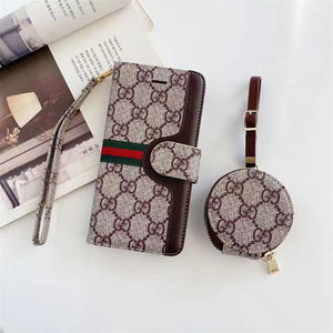 Luxury Monogram Leather Flip Phone Wallet Case With Airpods case Bestocase