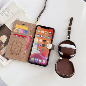 Luxury Monogram Leather Flip Phone Wallet Case With Airpods case Bestocase