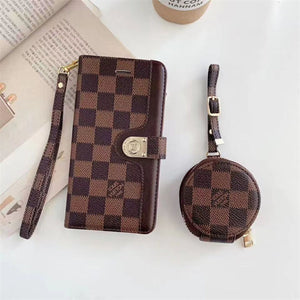 Luxury Monogram Leather Flip Phone Wallet Case With Airpods case Bestocase