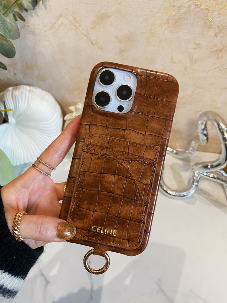 Alligator Print Celine iPhone Case With Card Holder And Strap Brown -EYP241415 - Bestocase