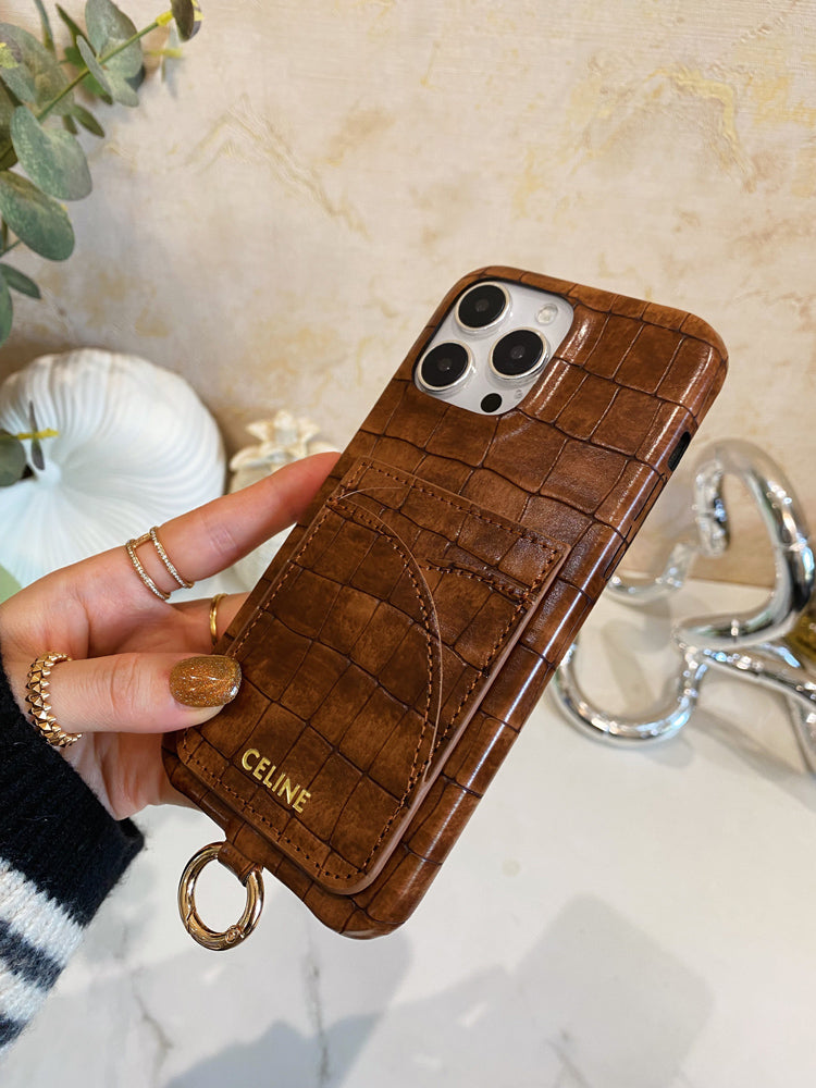 Alligator Print Celine iPhone Case With Card Holder And Strap Brown -EYP241415 - Bestocase