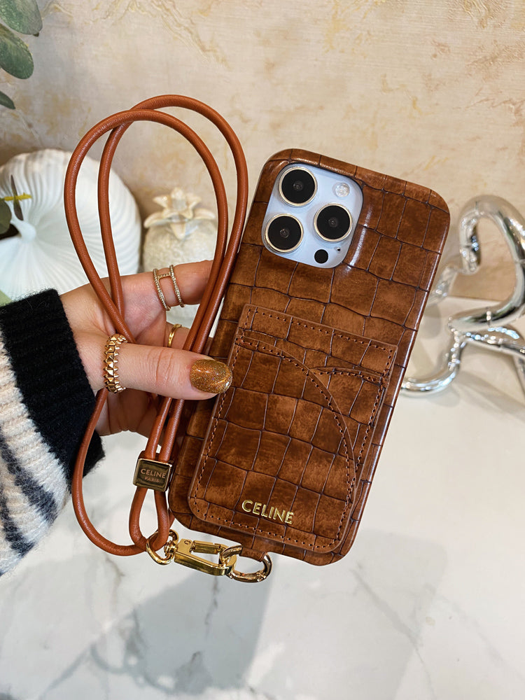 Alligator Print Celine iPhone Case With Card Holder And Strap Brown -EYP241415 - Bestocase