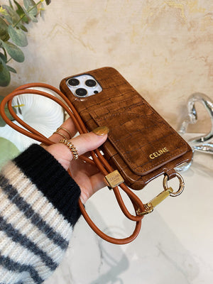 Alligator Print Celine iPhone Case With Card Holder And Strap Brown -EYP241415 - Bestocase