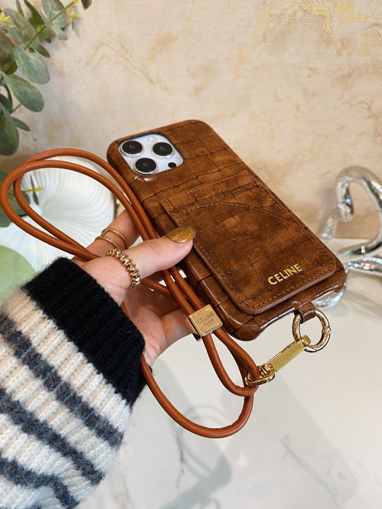Alligator Print Celine iPhone Case With Card Holder And Strap Brown -EYP241415 - Bestocase