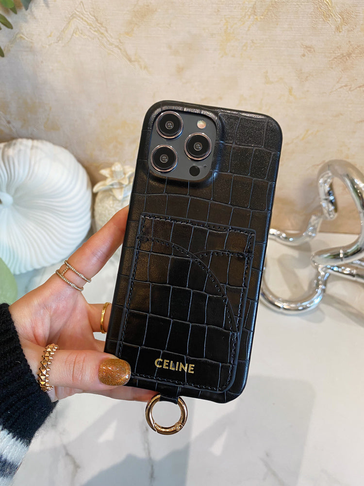 Alligator Print Celine iPhone Case With Card Holder And Strap Blcak -EYP241415 mysite
