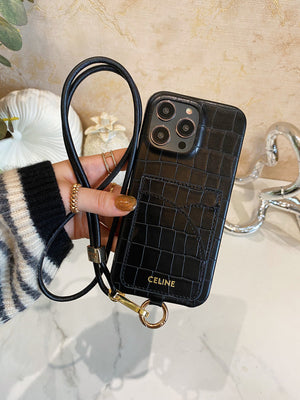 Alligator Print Celine iPhone Case With Card Holder And Strap Blcak -EYP241415 mysite