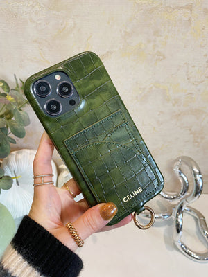 Alligator Print Celine iPhone Case With Card Holder And Strap Green -EYP241415 mysite
