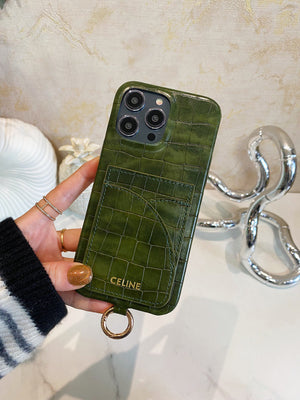 Alligator Print Celine iPhone Case With Card Holder And Strap Green -EYP241415 mysite
