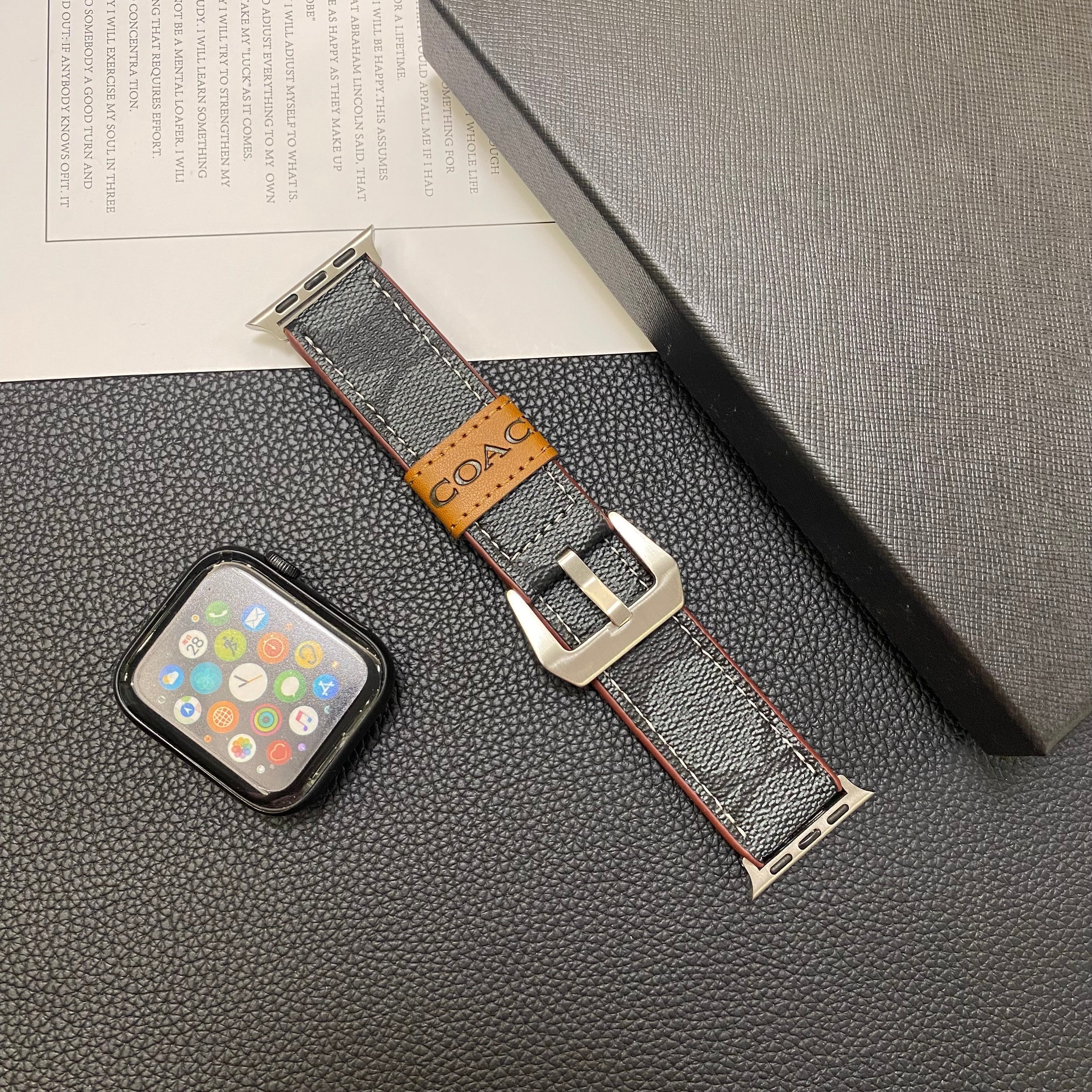 Leather Coach Apple Watch Band Black-YHK244221710 - Bestocase