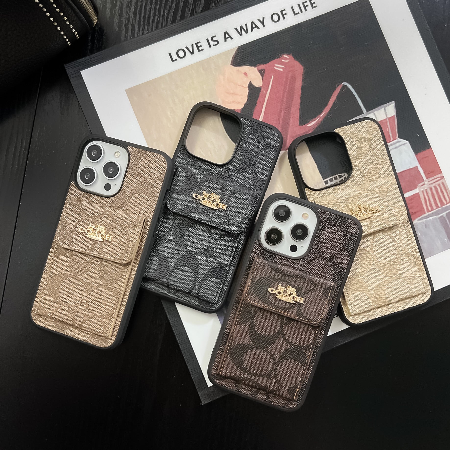 Coach iPhone Case With Card Holder Wallet Dark Brown  -SZK240425 - Bestocase