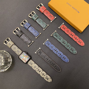 Leather Monogram Apple Watch Bands Leather Blue-YH24422 - Bestocase