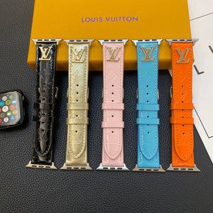 GLOSSY LEATHER APPLE WATCH STRAP LUXURY METAL LOGO - Bestocase